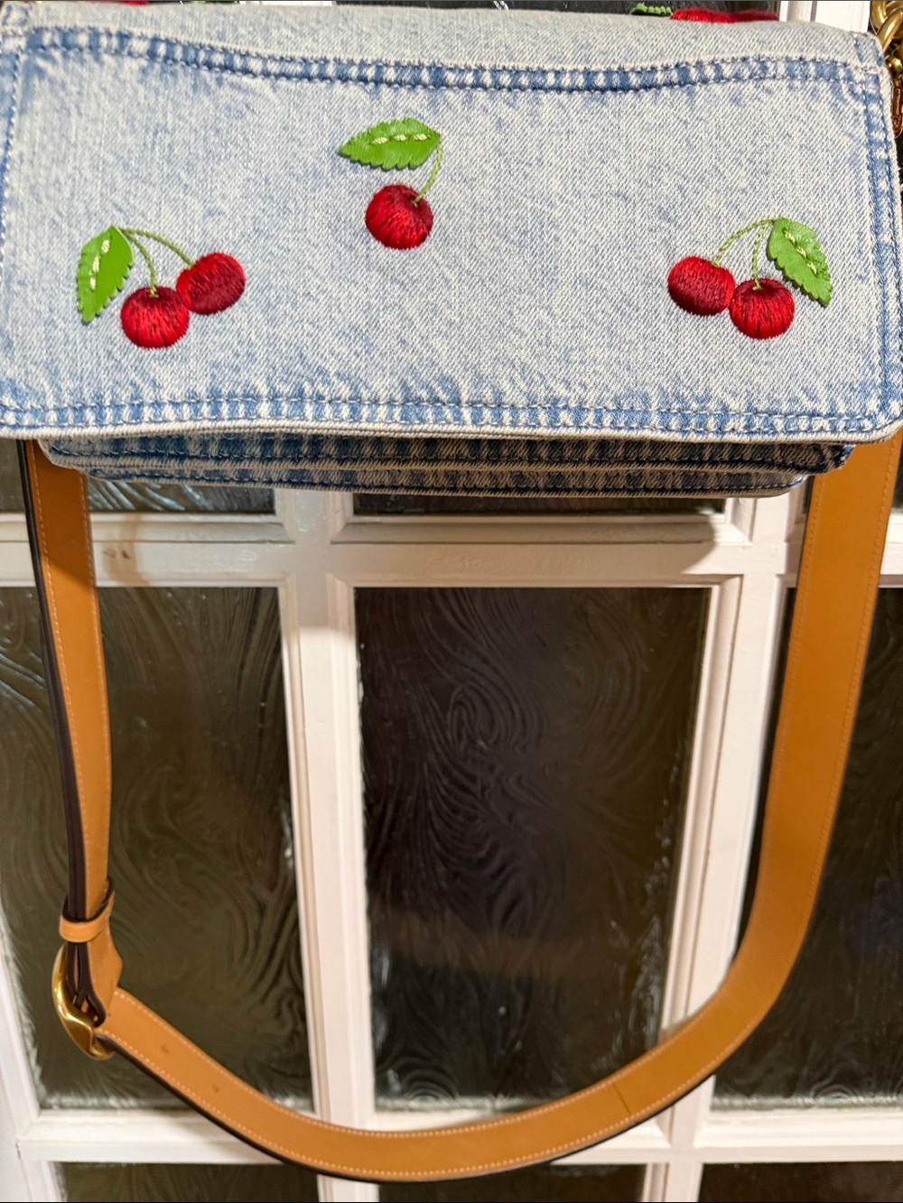Coach Denim Mini Shoulder Bag with Red Cherry Embroidery and Tan Strap - Picture 2 of 3